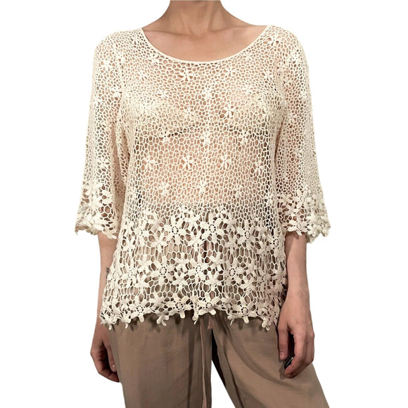 Free People Crochet Floral Lace Top Semi-Sheer Beige One Sz Cover-Up Scoop Neck - Picture 2 of 8